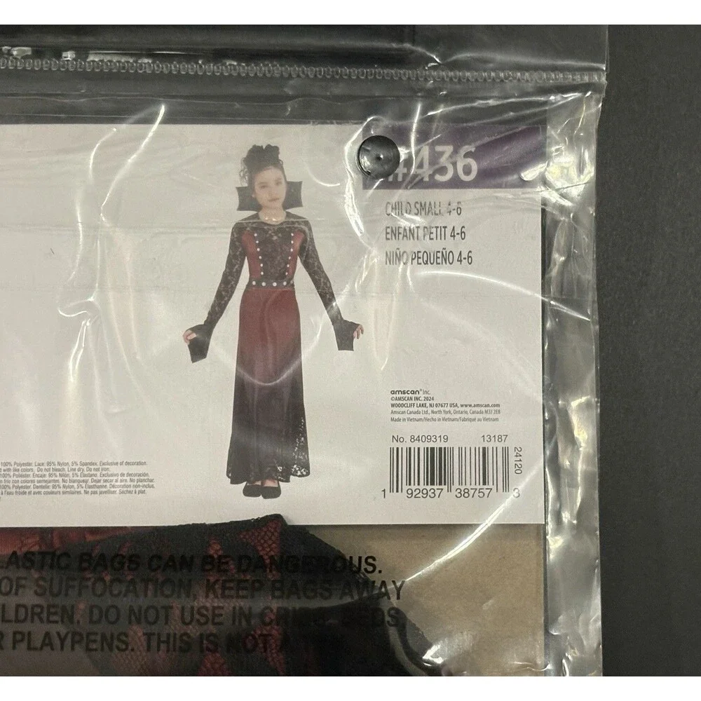 Dark Countess Vampire Dress w / Collar Halloween Costume Kids / Child Size S 4-6